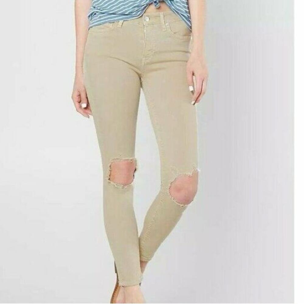 Free People Distressed Skinny Jeans Size 30 | Tan Frayed Hem Boho Stretch Denim